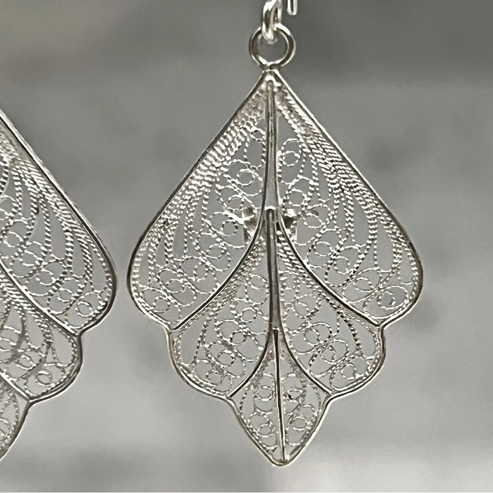 Sterling Silver Filigree Dangle Leaf Earrings - Picture 3 of 9